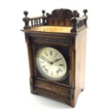 Late 19th century oak cased mantel clock, galleried top with shield and scroll carved raised back,