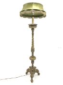 Early 20th century gilt bronze two branch standard lamp, column decorated with water leaves, raised