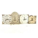 Three eight day white painted enamel longcase clock dial and movements, and a 30 hour dial and move