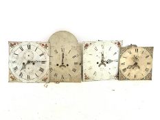 Three eight day white painted enamel longcase clock dial and movements, and a 30 hour dial and move