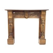 Victorian style carved walnut fire surround, W143cm, H120cm