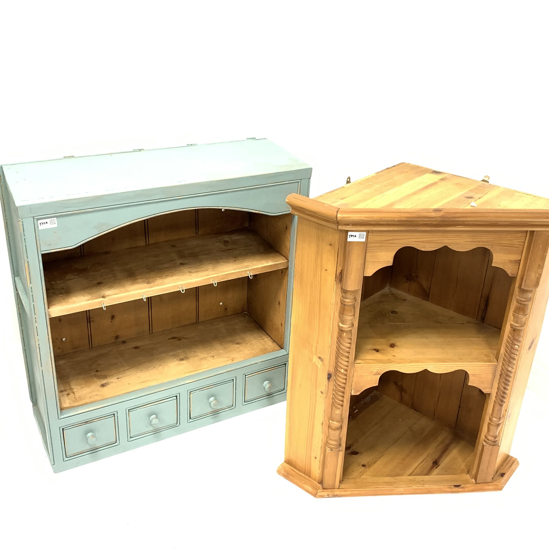 Painted pine wall rack with two open shelves over four spice drawers, (W74cm) and a pine wall hangi - Image 2 of 2