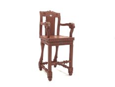 20th century Indo-Persian design carved and painted hardwood high chair, ram head arm terminals, pa