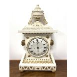 19th century white and gold painted mantel clock, the case with urn finial over egg and dart cornic