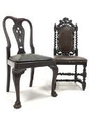 19th century Anglo-Indian hardwood dining chair, carved cresting rail over pierced splat, drop in s