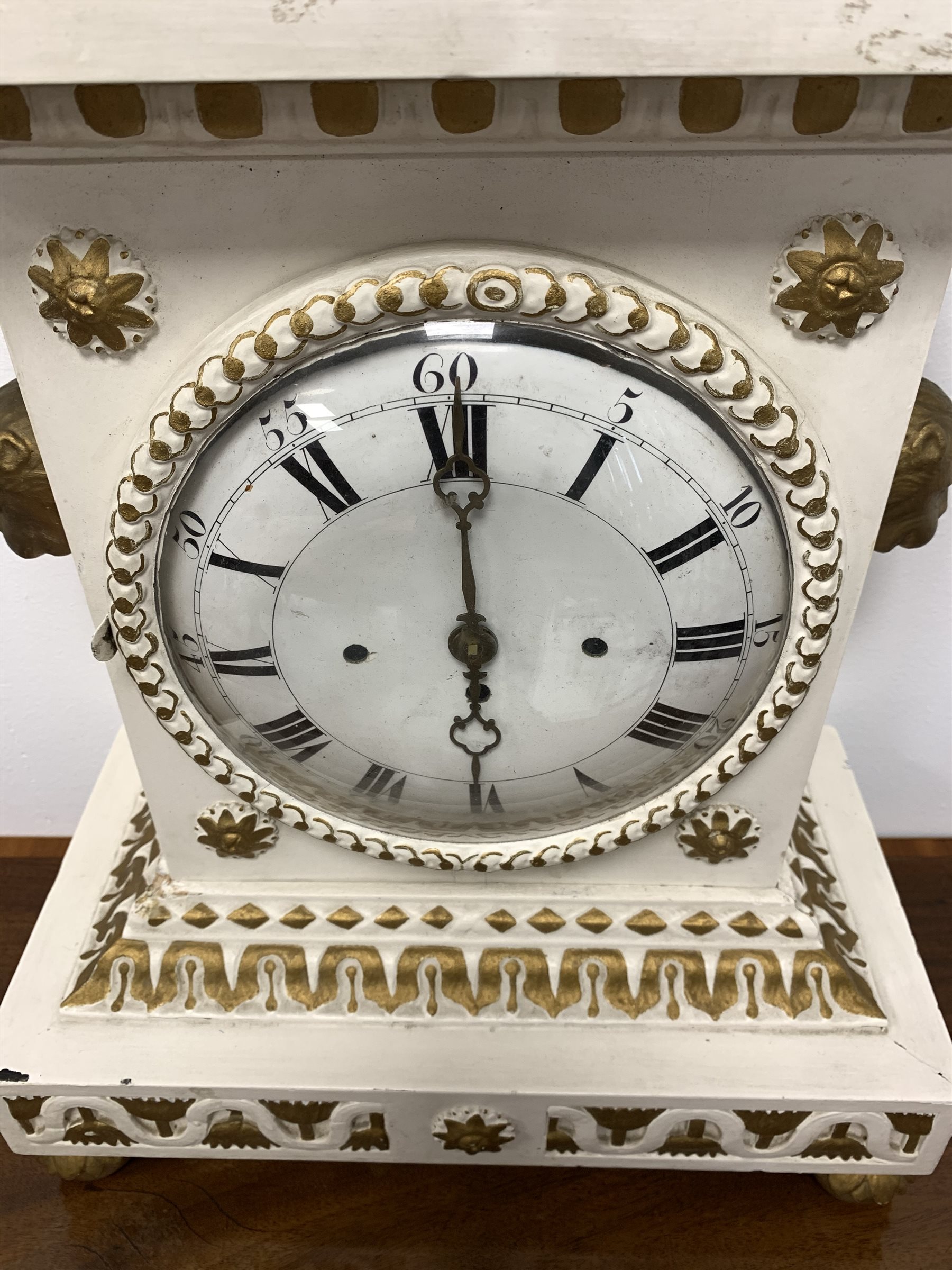 19th century white and gold painted mantel clock, the case with urn finial over egg and dart cornic - Image 2 of 3