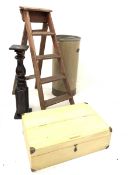 Early 20th century stained pine four rung step ladder, (H120cm) together with a cylindrical stick s