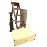 Early 20th century stained pine four rung step ladder, (H120cm) together with a cylindrical stick s