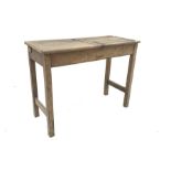 19th century oak school desk, top set with inkwells and two hinged compartments, raised on square s