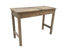 19th century oak school desk, top set with inkwells and two hinged compartments, raised on square s
