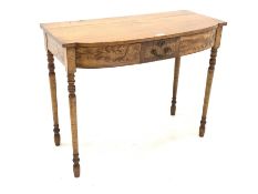 George IV satin birch side table, with shaped front, faux frieze drawer, raised on ring turned supp