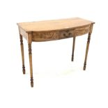 George IV satin birch side table, with shaped front, faux frieze drawer, raised on ring turned supp