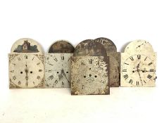 Five 19th century white painted enamel longcase clock dials and movements,