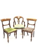 Pair of early Victorian mahogany rail back dining chairs, with drop in upholstered seat pads raised