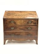 19th century mahogany bureau, the fall front with inlaid brass revealing fitted interior over three