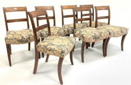 Set seven Georgian mahogany dining chairs with bar backs and reeded decoration over upholstered sea