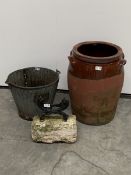 salt glazed terracotta urn, (D42cm) a galvanised metal bucket bearing plaque reading 'The four oaks