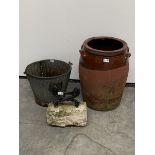 salt glazed terracotta urn, (D42cm) a galvanised metal bucket bearing plaque reading 'The four oaks