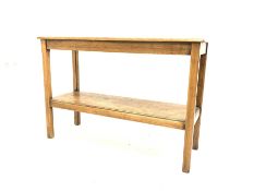 Rectangular oak two tier side table raised on square chamfered supports, 114cm x 42cm, H77cm