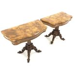 Pair Victorian well figured walnut serpentine card tables, the fold over revolving tops revealing b