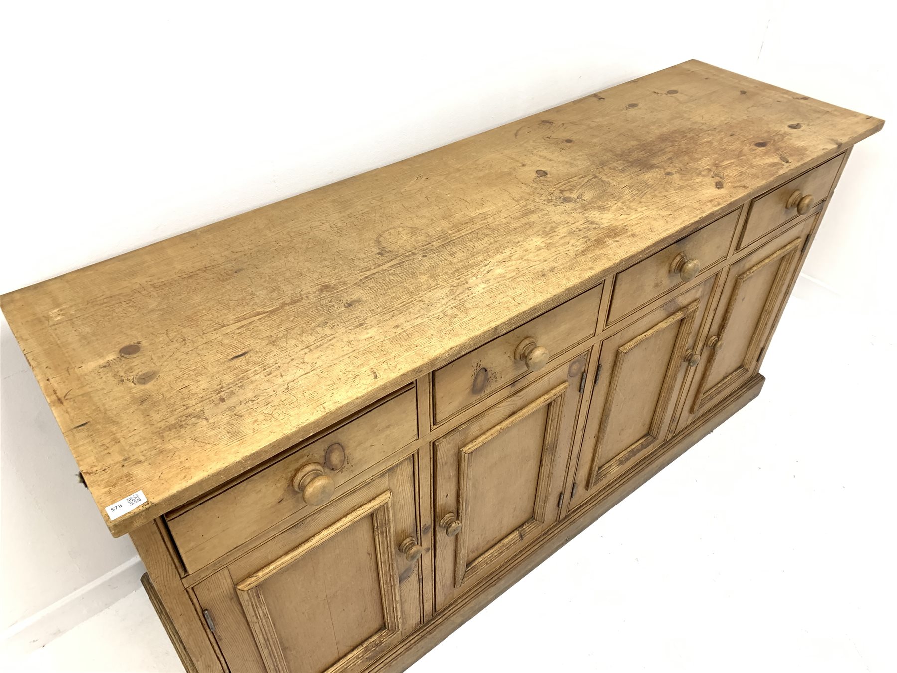 Victorian solid pine dresser base with four drawers over four cupboards, plinth base, W169cm, H89cm - Image 3 of 3