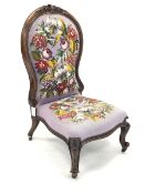 19th century walnut nursing chair with acanthus carved cresting rail over floral embroidered and be