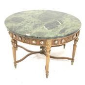 French style circular marble top coffee table, with porcelain roundel depicting courting couples, a