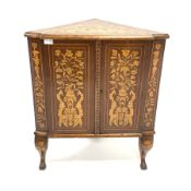 19th century Dutch marquetry walnut floor standing corner cupboard, with boxwood sting and floral i