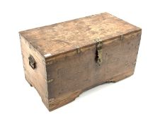 Northern Indian teak performers chest, the metal bound exterior decorated with inlaid brass detail