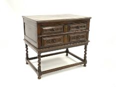 17th century Jacobean design oak low chest of two long drawers with geometric panelled fronts and t