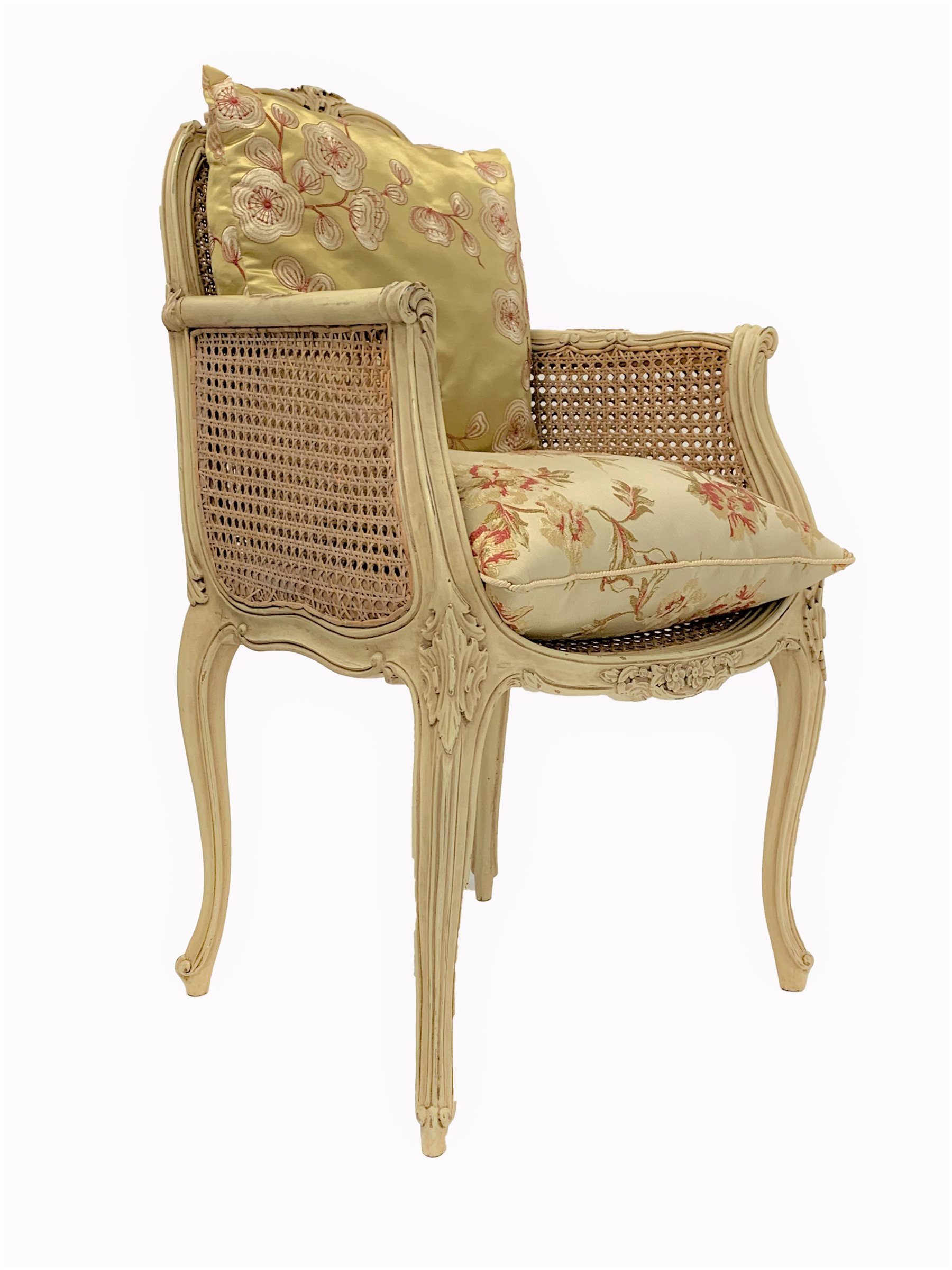 French style cream painted double bergere chair with silk cushions, raised on slender and scrolled