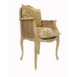 French style cream painted double bergere chair with silk cushions, raised on slender and scrolled