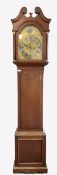 Early 20th century eight day longcase clock, swan neck pediment over turned pilasters, 12" arched b