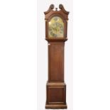 Early 20th century eight day longcase clock, swan neck pediment over turned pilasters, 12" arched b