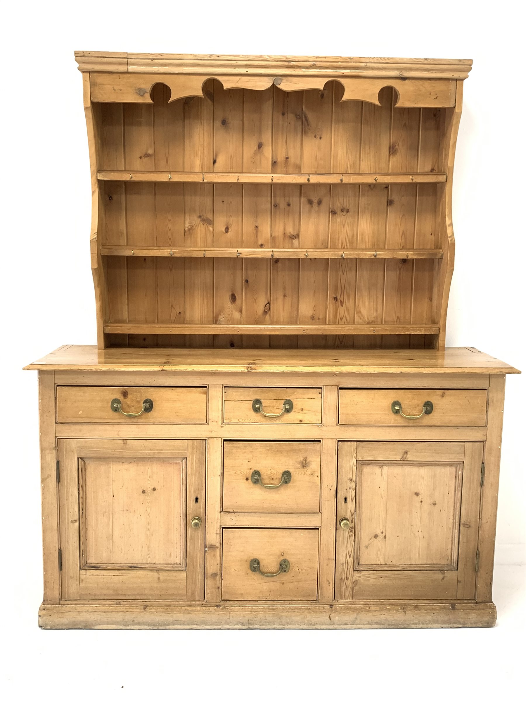 Late 19th century waxed pine dresser base, with five drawers and two panelled cupboards enclosing s - Image 5 of 6