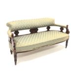 Late Victorian carved walnut framed three seat salon sofa, upholstered in patterned green fabric, r