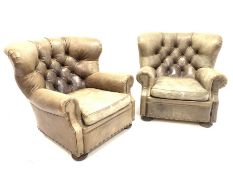 Ralph Lauren for Harrods - Large pair of armchairs, upholstered in deep buttoned green tan leather,