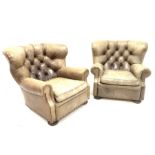 Ralph Lauren for Harrods - Large pair of armchairs, upholstered in deep buttoned green tan leather,