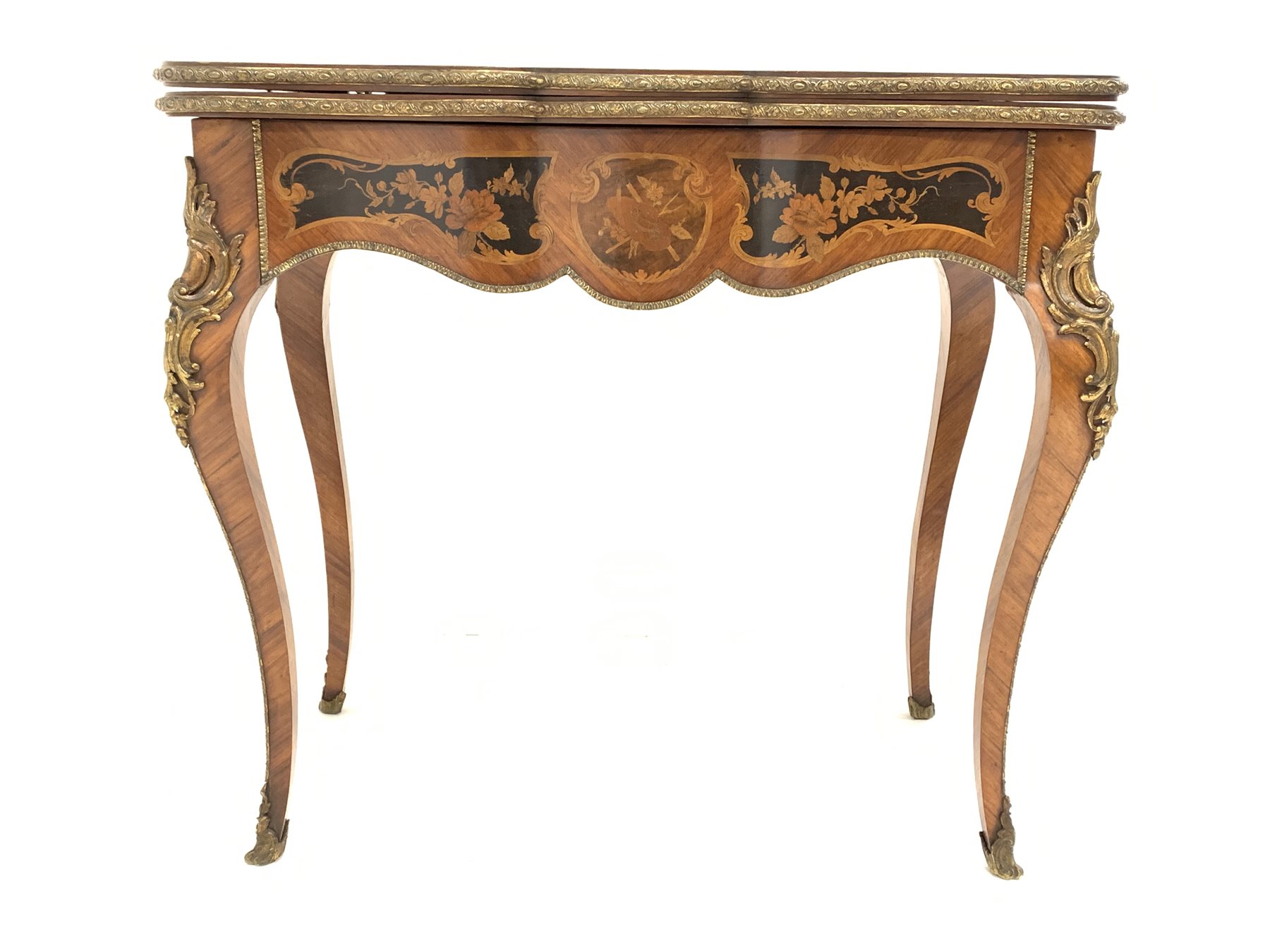 19th century French kingwood marquetry games table, the serpentine floral inlaid fold over revolvin - Image 3 of 10