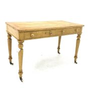 Victorian scumbled pine kitchen table, with two frieze drawers raised on turned supports and cerami