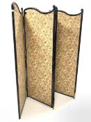 20th century ebonised oriental three fold privacy screen, with silk covered panels, H165cm