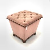 Victorian ottoman of square tapered form, upholstered in dusty pink buttoned velvet, interior lined