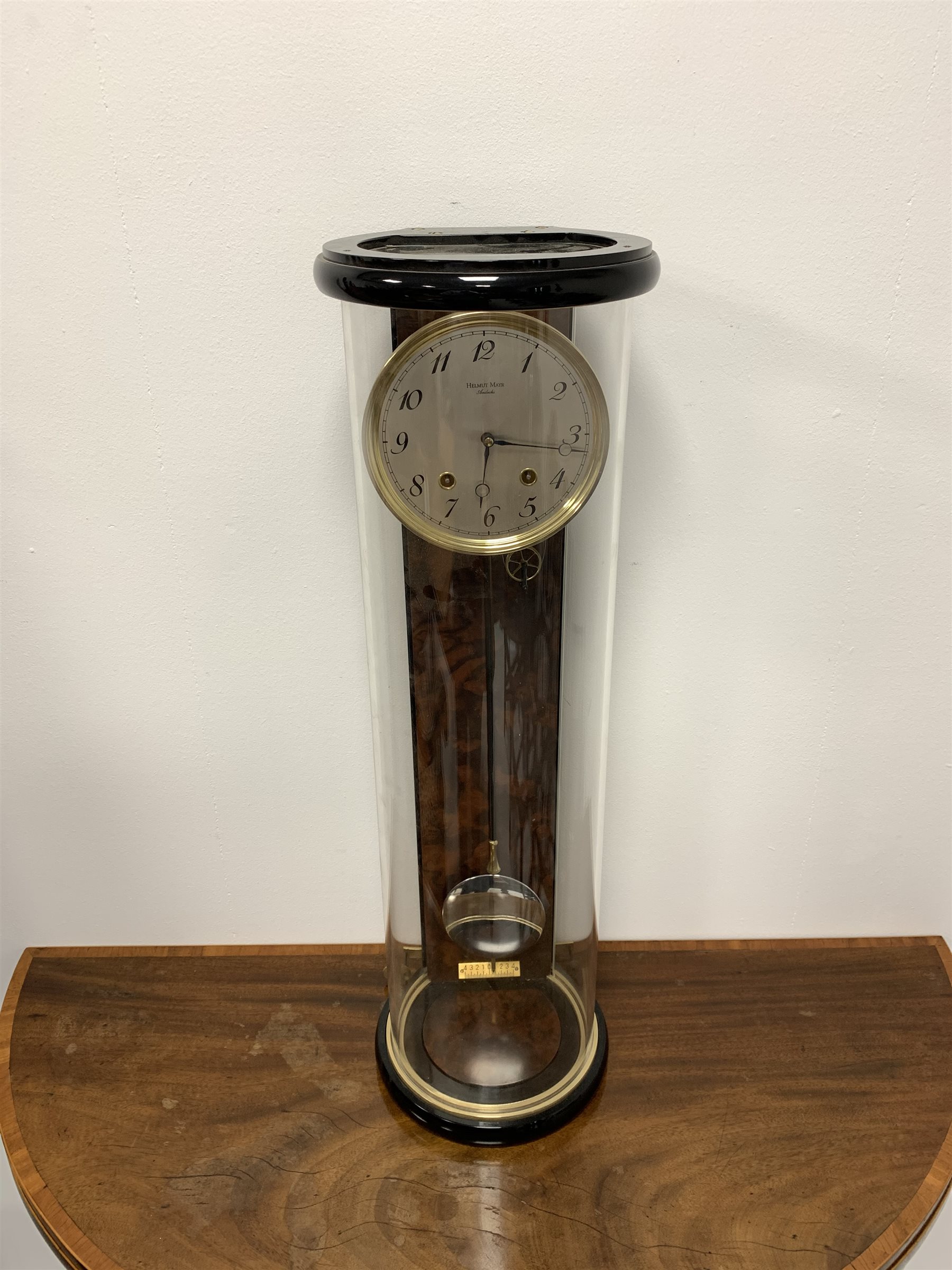 Contemporary wall clock in ebonised case with revolving glass section and burr panels, by Helmut Ma - Image 3 of 5