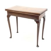 Georgian mahogany card table, the fold over top revealing baize lined surface, raised on cabriole s
