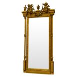 Large 20th century Adam style pier glass mirror, gilt wood and gesso frame with cherub and urn cres
