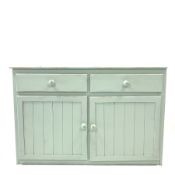 Solid painted pine dresser base with two drawer and two cupboards, W138cm, H92cm, D46cm