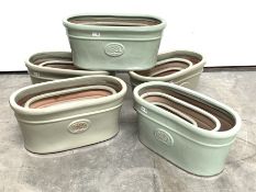 Five set of three glazed terracotta planters, W56cm (Max)