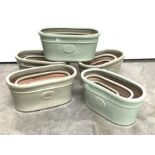 Five set of three glazed terracotta planters, W56cm (Max)