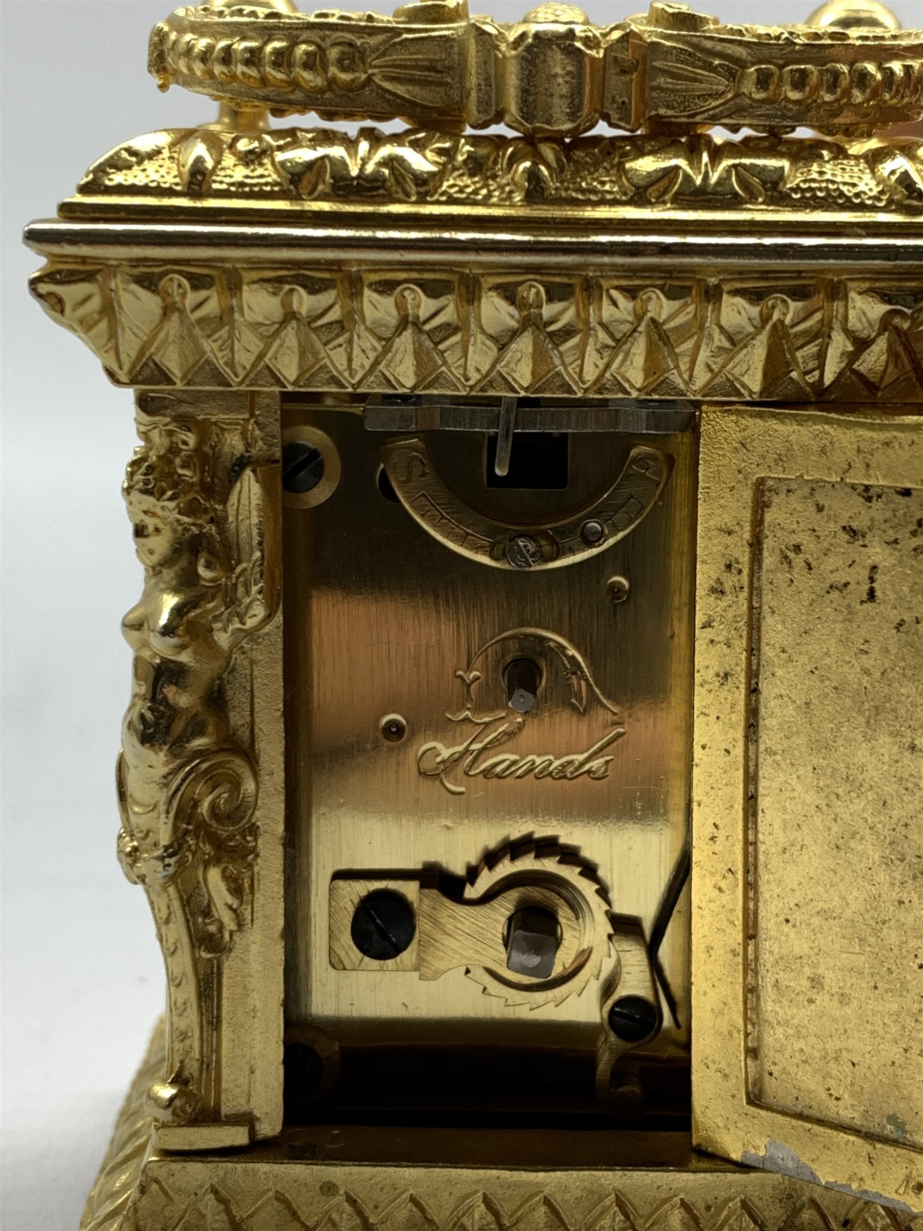 20th century miniature ornate brass carriage time piece, white enamel dial with Roman numeral chapt - Image 3 of 3
