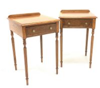 Pair of burr walnut and oak bedside tables, the cross banded top with ebonised string inlay over dr